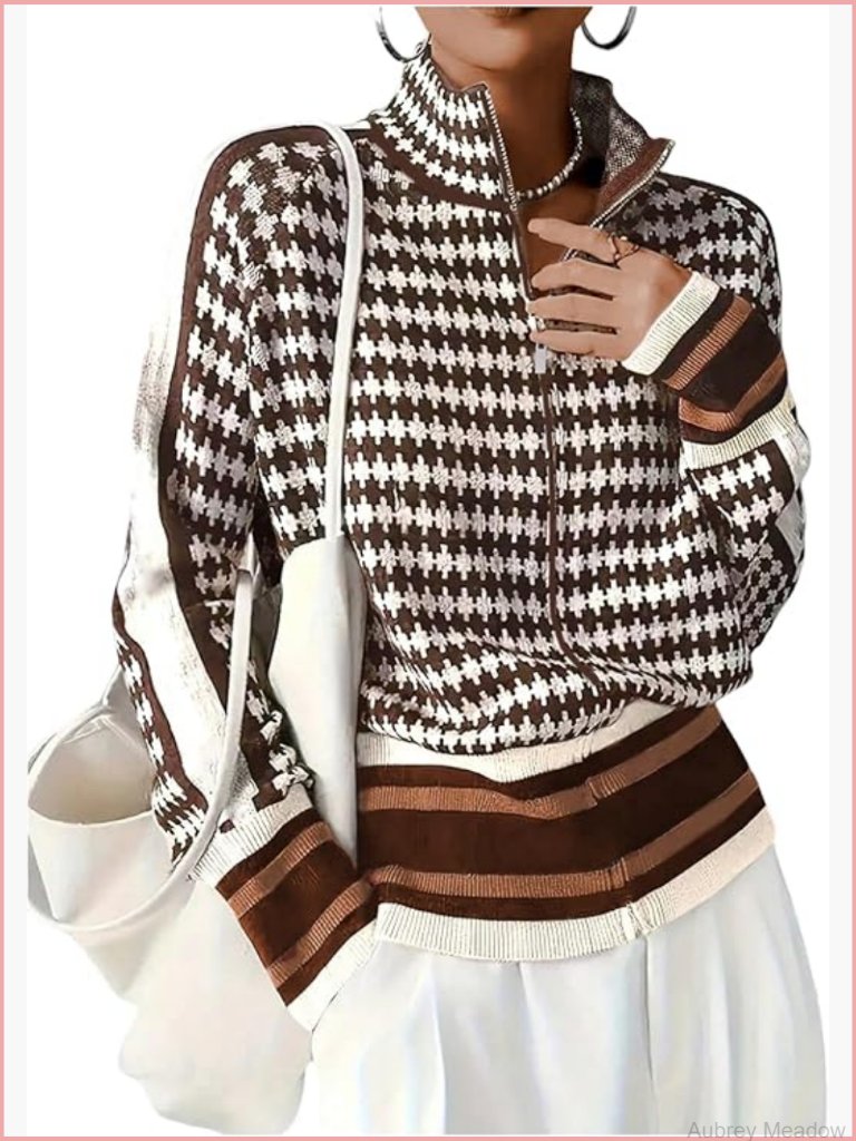 Zip Up Houndstooth Knit Cardigan Long Sleeve Women Jacket
